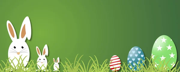 Paskalya kavramı. Yeşil çimen, Paskalya tavşan yumurta ve web banner arka plan