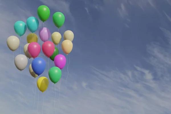 Mavi gökyüzü 3d Render Renkler balonlarla demet