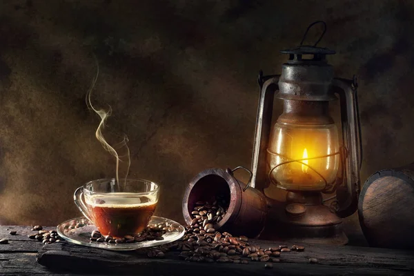 Coffee Cup Glass Vintage Kerosene Lamp Oil Lantern Burning Glow — Stock Photo, Image