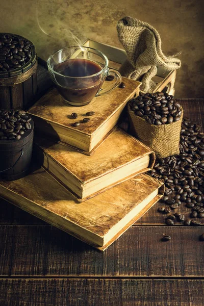 Coffee Cup Glass Old Books Aged Wood Floor — Stock Photo, Image