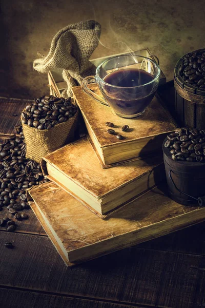 Coffee Cup Glass Old Books Aged Wood Floor — Stock Photo, Image