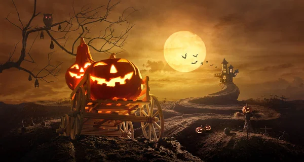 Halloween pumpkins çiftlik araba Kalesi'ne gece dolunay ve uçan yarasalar ürkütücü Stretched yol mezar gidiyor üzerinde.