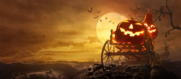 Halloween pumpkins çiftlik araba Kalesi'ne gece dolunay ve uçan yarasalar ürkütücü Stretched yol mezar gidiyor üzerinde.