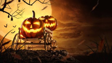 Dolunay gecesi ürkütücü çiftlik vagonunda Halloween kabaklar