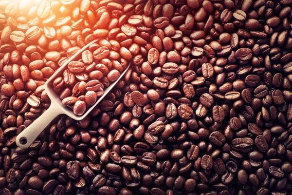 Scoop Roasted Coffee Beans Background Copy Space — Stock Photo, Image