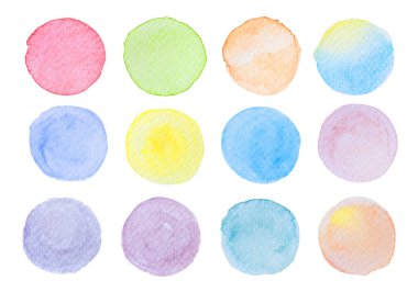 Koleksiyon etiketi ögeleri Watercolor fırça fırça boya vuruşlarını beyaz arkaplanda çizilmiş bir elden daire şeklinde ayarla.