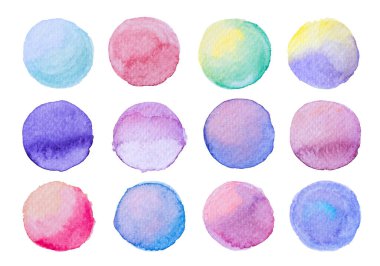 Koleksiyon etiketi ögeleri Watercolor fırça fırça boya vuruşlarını beyaz arkaplanda çizilmiş bir elden daire şeklinde ayarla.