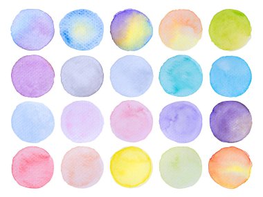 Koleksiyon etiketi ögeleri Watercolor fırça fırça boya vuruşlarını beyaz arkaplanda çizilmiş bir elden daire şeklinde ayarla.