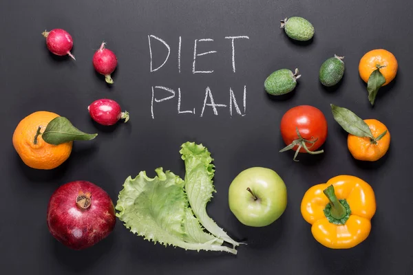 In the center of the image is the inscription diet plan. Fosto contains juicy fruits and vegetables as food for a healthy diet plan. Fresh and healthy products.