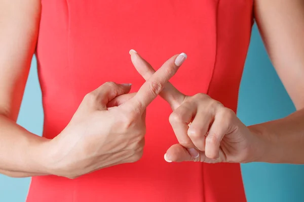 Woman Her Hands Shows Gesture Stop Doing Can Mean Cease — Stock Photo, Image