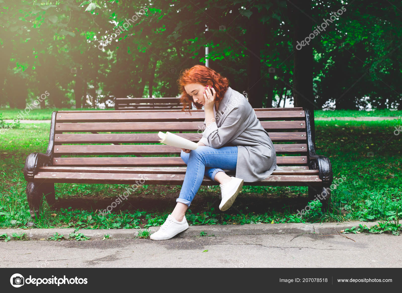 Girl Reading Book Park Bench Girl Has Red Hair Blue Stock Photo