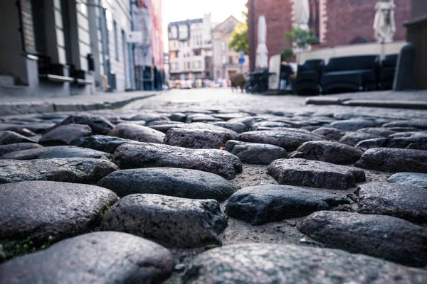 Texture Stone Pavement Rays Morning Sun Cobblestone Pavement Historic Center — Stock Photo, Image