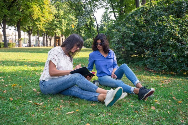 两个黑发女孩讨论一个计划 并写信给笔记本 概念设计想和创意理念 夏日公园草地上的女人 — 图库照片