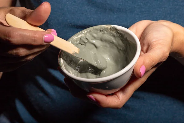 Woman Makes Cosmetic Mask Clay Healthy Skin Her Hands She — Stock Photo, Image