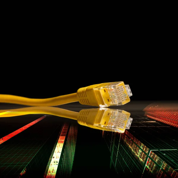Žlutý Kabel Internet Tmavém Pozadí Koncepce Neuronových Sítí Strojové Učení — Stock fotografie