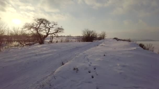 4k Luftbild. Winterlandschaft auf Dorf und Fluss. warmes Sonnenuntergangslicht. — Stockvideo