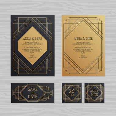 Lüks düğün davetiyesi veya geometrik süsleme tebrik kartı. Art Deco tarzında. Kağıt zarf şablonu. Davetiye zarfı mock-up lazer kesim için düğün. Vektör çizim. 