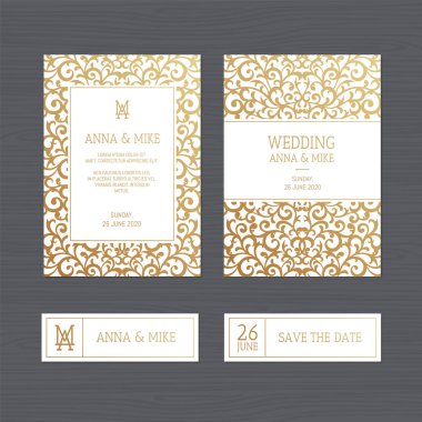 Lüks düğün davetiyesi veya vintage altın süsleme tebrik kartı. Vektör çizim. 