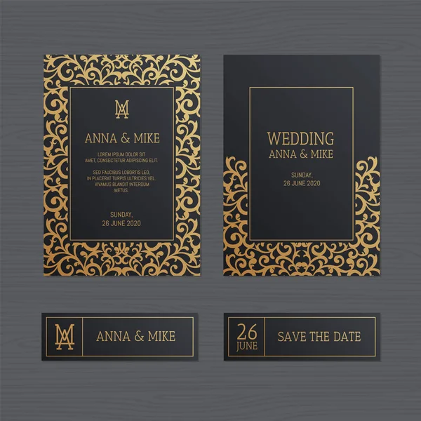 Zaproszenia Ślubne Luksusowe Lub Karty Pozdrowieniami Rocznika Ornament Złota Ilustracja — Wektor stockowy