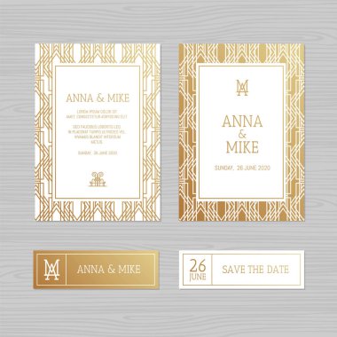 Lüks düğün davetiyesi veya geometrik süsleme tebrik kartı. Art Deco tarzında. Vektör çizim. 