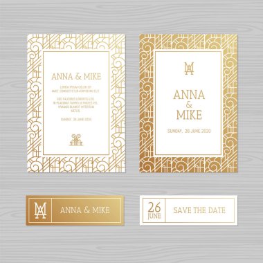 Lüks düğün davetiyesi veya geometrik süsleme tebrik kartı. Art Deco tarzında. Vektör çizim. 