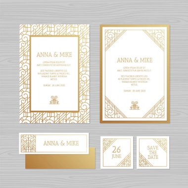 Lüks düğün davetiyesi veya geometrik süsleme tebrik kartı. Art Deco tarzında. Vektör çizim. 