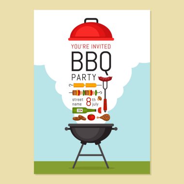 Barbekü ızgara ve yemek daveti. Barbekü poster. Gıda el ilanı. Düz stil, vektör çizim.