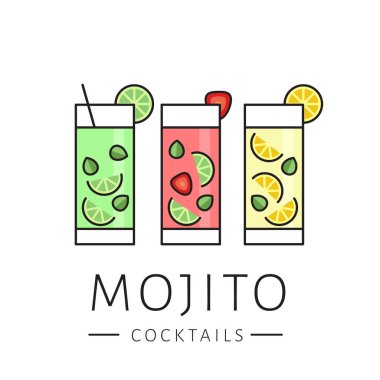 Beyaz arka plan lassic mojito, çilek mojito, limonata kokteyl mojito cam. Düz tasarım stili, vektör çizim.