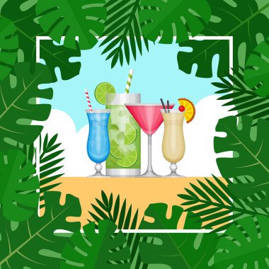 Tropikal kokteyl ile palmiye yaprakları yaz. Kokteyl parti poster ya da plaj partisine davet. Düz stil, vektör çizim.