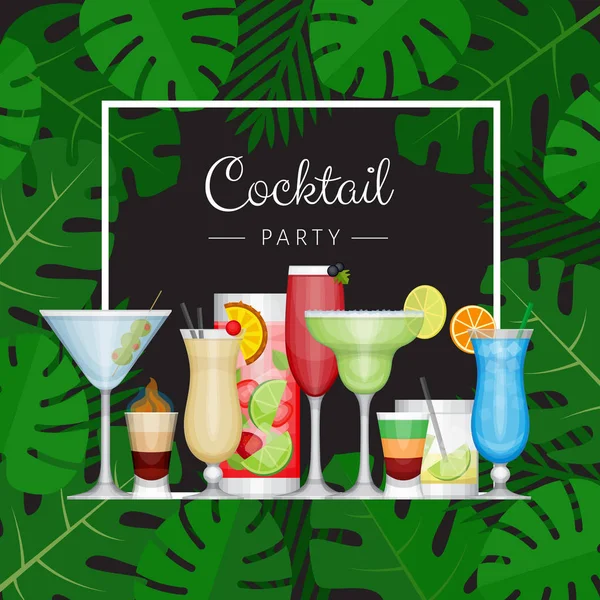 Sommer Tropischer Cocktail Mit Palmblättern Cocktailparty Plakat Oder Einladung Zur — Stockvektor