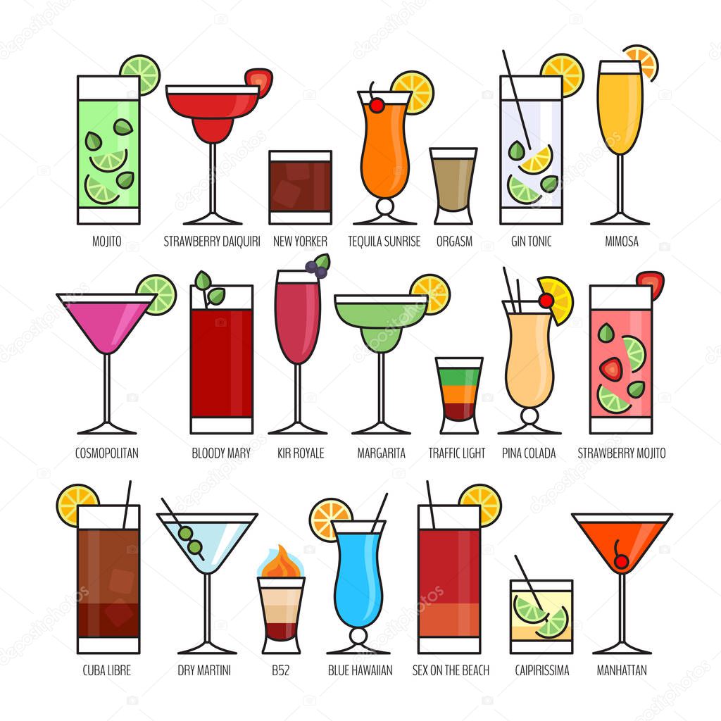 Flat icons set of popular alcohol cocktail on black background. Flat design style, vector illustration.