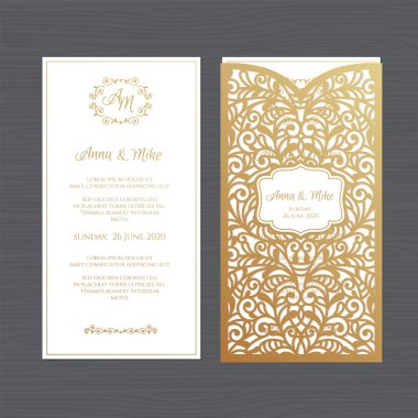Lüks düğün davetiyesi veya vintage çiçek süsleme tebrik kartı. Kağıt dantel zarf şablonu. Davetiye zarfı mock-up lazer kesim için düğün. Vektör çizim.