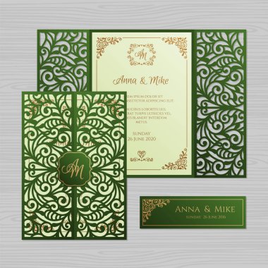 Lüks düğün davetiyesi veya vintage çiçek süsleme tebrik kartı. Kağıt dantel zarf şablonu. Davetiye zarfı mock-up lazer kesim için düğün. Vektör çizim.