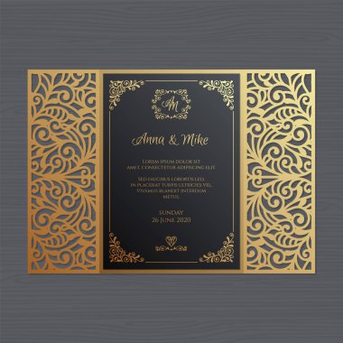 Lüks düğün davetiyesi veya vintage çiçek süsleme tebrik kartı. Kağıt dantel zarf şablonu. Davetiye zarfı mock-up lazer kesim için düğün. Vektör çizim.