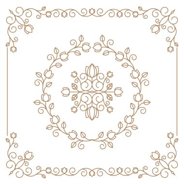 Vintage süsler ve bölücüler. Tasarım öğeleri kümesi. Süslü floral çerçeveler ve afiş. Vektör grafik elemanları tasarımı için.