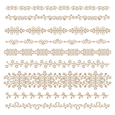 Vintage süsler ve bölücüler. Tasarım öğeleri kümesi. Süslü floral çerçeveler ve afiş. Vektör grafik elemanları tasarımı için.