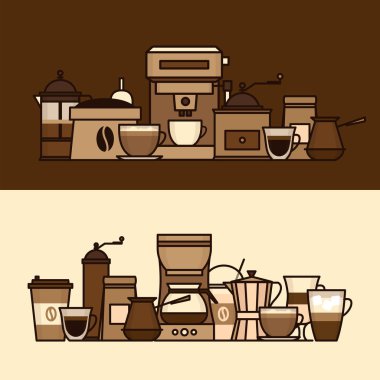 Kahve nesneleri ve ekipmanları. Kupası ve yöntemleri bira kahve. Kahve makinesi ve kahve makinesi, su ısıtıcı, Fransız basın, moka pot, cezve. Düz stil, vektör çizim. 
