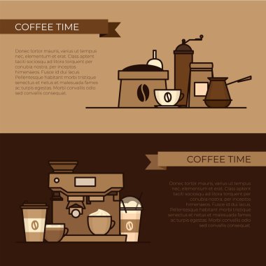 Coffee objects and equipment. Cup and coffee brewing methods. Coffee makers and coffee machines, kettle, french press, moka pot, cezve. Flat style, vector illustration.  clipart