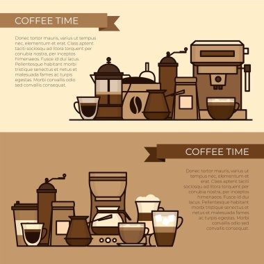 Kahve nesneleri ve ekipmanları. Kupası ve yöntemleri bira kahve. Kahve makinesi ve kahve makinesi, su ısıtıcı, Fransız basın, moka pot, cezve. Düz stil, vektör çizim. 