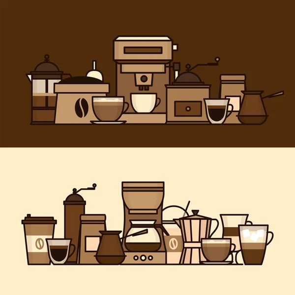 Coffee objects and equipment. Cup and coffee brewing methods. Coffee makers and coffee machines, kettle, french press, moka pot, cezve. Flat style, vector illustration.