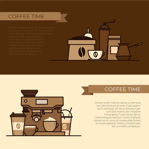 Coffee objects and equipment. Cup and coffee brewing methods. Coffee makers and coffee machines, kettle, french press, moka pot, cezve. Flat style, vector illustration.