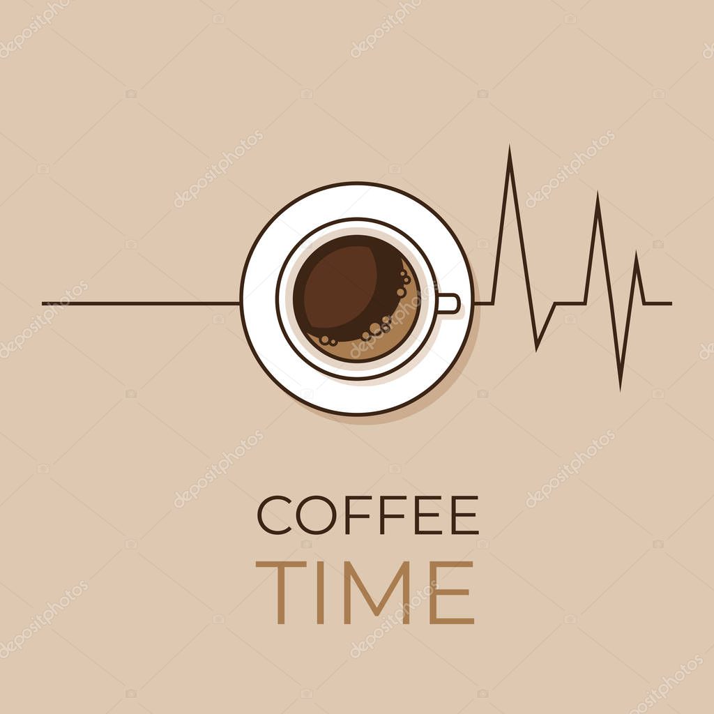 Coffee concept. Coffee and heartbeat  poster. Flat style, vector illustration.