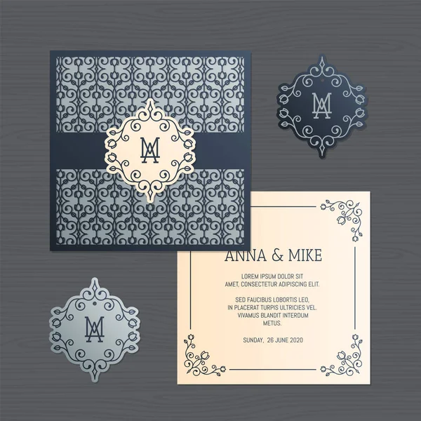 Wedding invitation or greeting card with vintage ornament. Paper lace envelope template. Wedding invitation envelope mock-up for laser cutting. Vector illustration. — Stock Vector