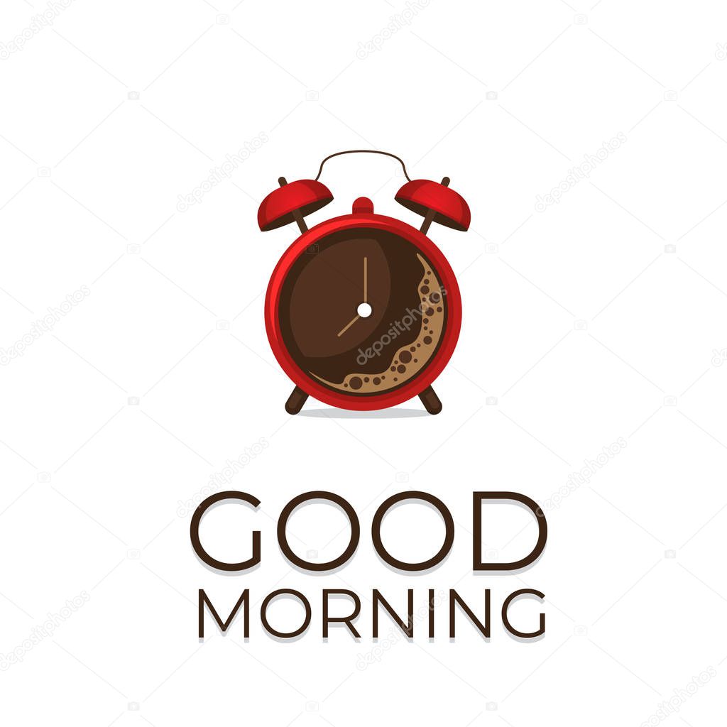 Coffee concept. Coffee and alarm clock poster. Flat style, vector illustration.