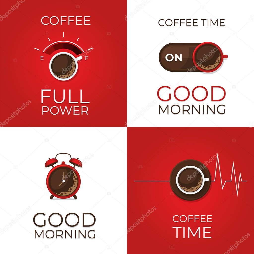 Coffee concept set. Coffee and on off switch, heartbeat, coffee power, alarm clock poster. Flat style, vector illustration.