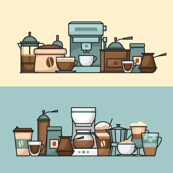 Bannière Café Tasse Méthodes Brassage Café Cafetières Machines Café Bouilloire — Image vectorielle