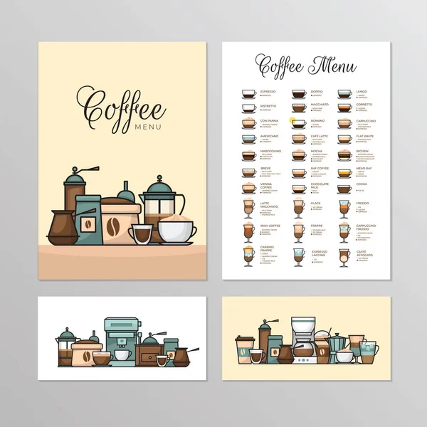 コーヒーショップメニュー コーヒーの種類 インフォグラフィックとバナー 平面図ベクトル図 — ストックベクタ
