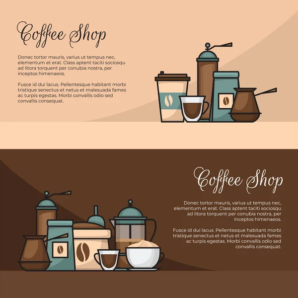 Banner Café Métodos Elaboración Taza Café Cafetera Cafetera Tetera Prensa — Vector de stock