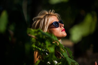 gün batımında sonbahar ormandaki güzel sarışın kadın