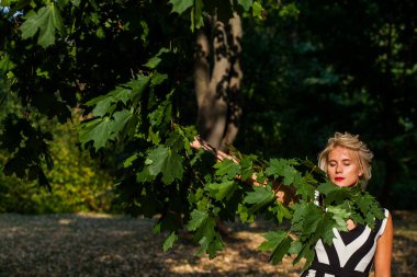 gün batımında sonbahar ormandaki güzel sarışın kadın